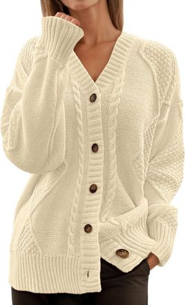 Generic Womens Sweaters Chunky Knit Cardigan Long Sleeve Button Front Sweater Open Front Coat Fall Winter Casual Outfit Comfort Loose Fit Cable Pattern