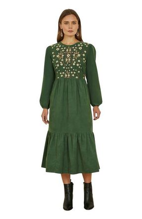 Yumi Long Sleeve Embroidered Midi Dress in Green at Nordstrom, Size 12