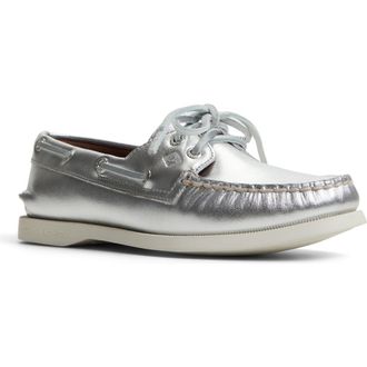 Sperry Top-Sider Authentic Original Two-Eye Boat Shoe in Silver Leather Smooth at Nordstrom Rack, Size 7.5