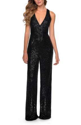 La Femme Long Sequin Jumpsuit with Criss Cross Back in Black at Nordstrom, Size 00