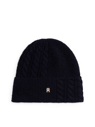 Tommy Hilfiger Beanie TOMMY HILFIGER TH ELEVATED CHIC FLUFFY, Damen, blau (space blau), Strick, Materialmix, M&uuml;tzen Beanie, flauschig, mit Wolle, ca. 25x21 cm