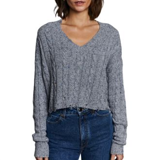 Autumn Cashmere Distressed Cropped Cable V Sweater In Static