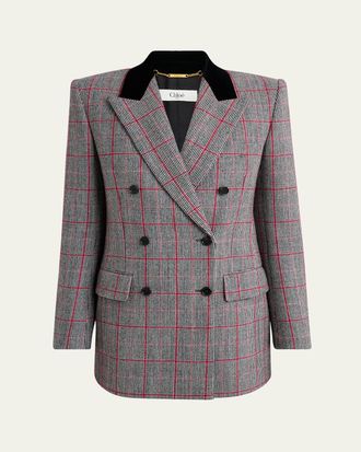 Chlo&eacute; Check Wool Velvet-Trim Double-Breasted Jacket