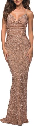 La Femme Soft Sequin Long Gown with Lace Up Back in Rose Gold at Nordstrom, Size 10