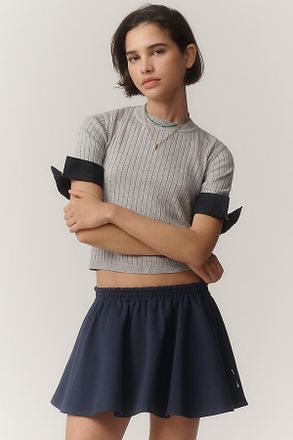 Maeve Fitted Mixed-Media Denim Cuffed Short-Sleeve Sweater