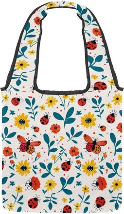 Generic Ladybug Floral Reversible Canvas Shoulder Tote - Double-Sided Print, 12oz Cotton, 27cm Drop, Fold-Flat Bag for Travel, Shopping, Street Outings