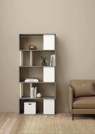 Dmora Dmora - Librer&iacute;a Con 5 Estantes Asim&eacute;tricos, Blanco Y Gris, Medidas 80 X 175 X 29,5 Cm, Con Embalaje Reforzado