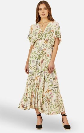 Yumi Floral Print Ruched Waist Midi Dress in Beige at Nordstrom, Size 12