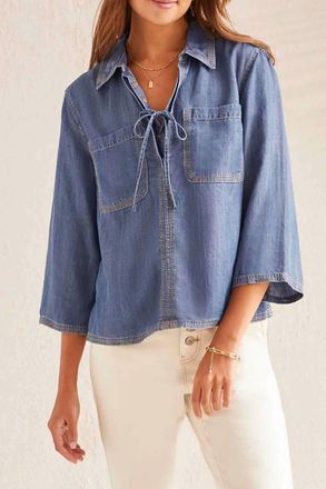 Tribal Elbow Sleeve Blouse With Lace Up Front In Dark Chambray