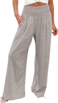 Generic Casual Trousers Womens Summer Cotton Linen Plain Pants Solid Color Elastic Waist Pants Wide Leg Hawaiian Beach Holiday Trouser Side Pocket Lightweight