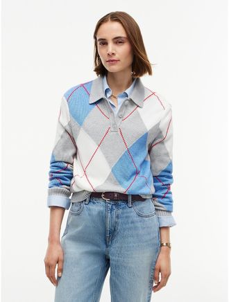 Tommy Hilfiger Womens Argyle Sweater Polo - Grey Heather - XS