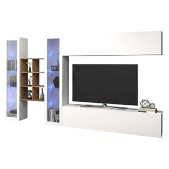 Dmora Pared Equipada Dcaprin, Conjunto De Sal&oacute;n Mueble Tv Con 4 Puertas, Mueble De Sal&oacute;n Polivalente, 100% Made In Italy, Cm 280x30h180, Blanco Brillo Y Arc