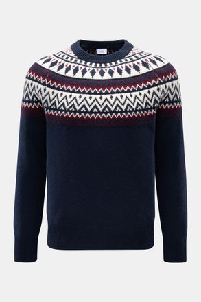 Braun Hamburg Men - Cashmere crew neck jumper navy/burgundy/off-white patterned
