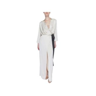 Sandro Ferrone Zijden wikkelmaxi jurk met split - Dames - Jurken - Beige - Maat: XS Zijde