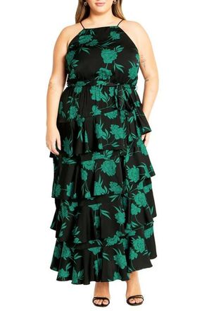 City Chic Joelle Tie Belt Maxi Dress in Aquarelle at Nordstrom, Size Xs