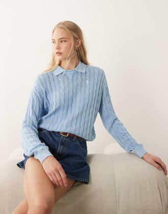 Polo Ralph Lauren Maglione in cotone lavorato a trecce azzurro con logo-Blu