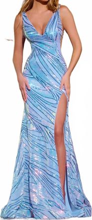 Jovani Plunging Sleeveless Gown With Sequin Detail In Light Blue