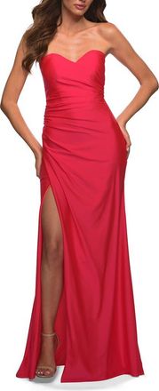 La Femme Neon Strapless Sweetheart Jersey Evening Dress in Hot Coral at Nordstrom, Size 00