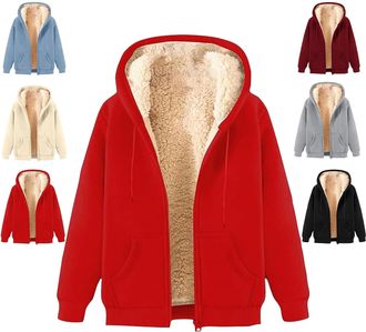 Generic Fleece Jacket Women Zip Up Hoodie Sherpa Lined Jackets, Winter Warm Fleece Jackets, Warm Coats Pockets (red,M)
