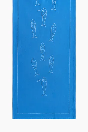 H&M Tischl&auml;ufer aus Leinenmix mit Motivstickerei - Blue