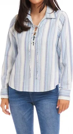 Karen Kane Long Sleeve Eyelet Lace Up Top - Petite In Stripe