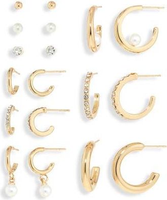 Natasha Set of 9 Crystal & Faux Pearl Stud & Huggie Hoop Earrings in Gold at Nordstrom Rack
