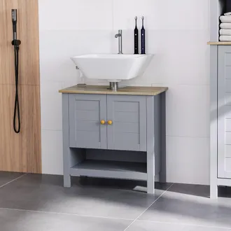 HOMCOM Kleankin Bathroom Under Sink Cabinet - Bathroom Vanity Unit - Pedestal Under Sink Design - Storage Cupboard With Adjustable Shelf - Grey Double Door