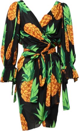 Dolce & Gabbana Black Pineapple Print Silk Wrap Mini Womens Dress