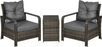 OUTSUNNY 3 PCs PE Rattan Garden Sofa Set w/ 2 Chairs & Storage Table Grey