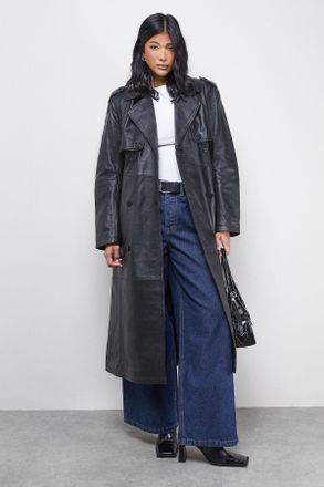 Warehouse Womens Real Leather Belted Trench Coat - Black - Size 10 UK