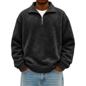 Generic Quarter Zip Up Sweatshirts Fleece Jacket Mens Thermal Loose Fit Pullover Stand Collar Shirts Fashion Casual Sweatshirt Winter Warm Sweaters 1/4 Zipper