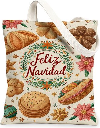 Generic Christmas Floral Canvas Tote Bags, Festive Pastry Design Reusable Grocery Bags, Vintage Style Lightweight Washable Canvas F, Beige, 13x15 Inch