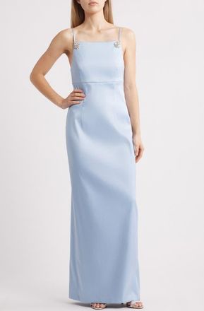 Sachin & Babi Pryce Crystal Strap Detail Vertical Stretch Mikado Column Gown in Glacial Blue at Nordstrom, Size 16W