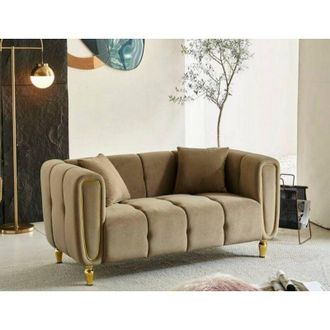 Dmora Sof&aacute; Fijo 2 Plazas Japura, Sof&aacute; Recto, Sof&aacute; Para Sal&oacute;n, Sill&oacute;n Doble, 81x155 H71 Cm, Gris Y Dorado - Dmora
