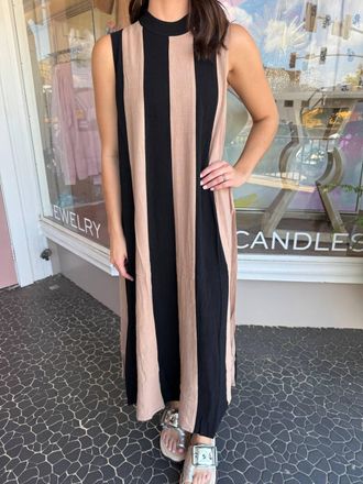 THML Clothing Sleeveless Colorblock Maxi Dress In Black Brown Stripes
