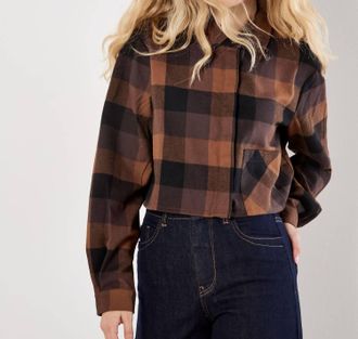 Apricot Buffalo Check Cropped Shirt Top In Brown