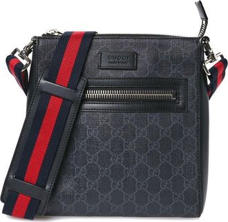 Gucci Black Gg Supreme Leather Web Small Flat Messenger Bag (Authentic Pre- Loved)