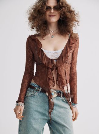 Twik Womens Ruffled lace tie-front cardigan