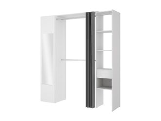 Vente-Unique Armario ropero con cortina y 1 puerta - Con espejo - L177 cm - Blanco y gris - BERTRAND