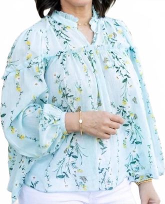 Olivaceous Womens Sarai Floral Ruffle Neck Balloon Sleeve Top In Blue