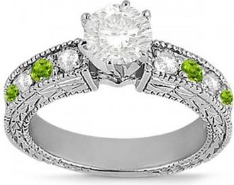 Allurez Antique Diamond & Peridot Engagement Ring 14k White Gold (0.75ct)