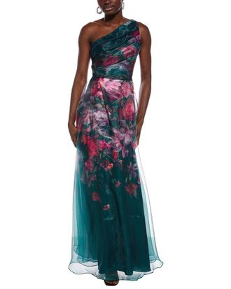 Rene Ruiz One-Shoulder Sheer Overlay Floral Gown