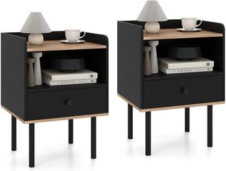 Costway 2 Pcs Nightstand Bedside Table with Drawer & Open Storage Shelf-Black