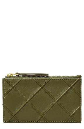 Tory Burch Fleming Quilted Zip Leather Card Case in Dark Olive at Nordstrom