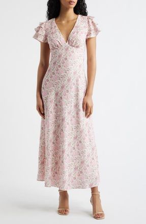 Lulus Vienna Floral Flutter Sleeve Maxi Dress in Ivory Floral at Nordstrom, Size X-Large