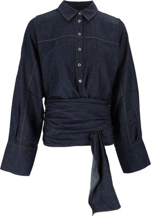 7 For All Mankind Dark Blue Abyss Tie-Waist Cotton Shirt
