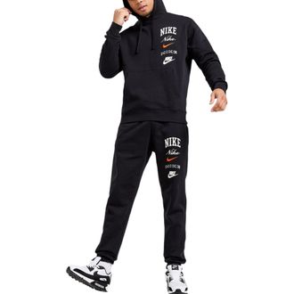 Nike Club Mens Tracksuit Pullover Long Sleeve Fleece Embroidered Black Set Cotton - Size Medium