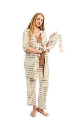 Everly Grey Analise During & After 5-Piece Maternity/Nursing Sleep Set for Mom & Baby in Mocha Stripe at Nordstrom, Size X-Large