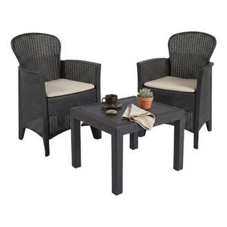Dmora Sal&oacute;n De Jard&iacute;n Foggia, Conjunto De Jard&iacute;n Con 2 Sillones Y 1 Mesa De Centro, Zona De Estar Efecto Rat&aacute;n Con Cojines, 100% Made In Italy, Antracita, C