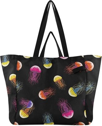 Generic Underwater Jellyfish Black print Reusable Canvas Tote Bag, Heavy Duty Grocery Shopping Bag with Hard Bottom Large Capacity Double Handles Work Groceri